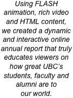 Using FLASH animation, rich video and HTML content,
we created a dynamic and interactive online annual report that truly educates viewers on how great UBC’s students, faculty and alumni are to
our world.