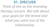 01. DISCUSS
Think of this as the branding therapy session. We talk about your goals for the brand and what you want out of the relationship.